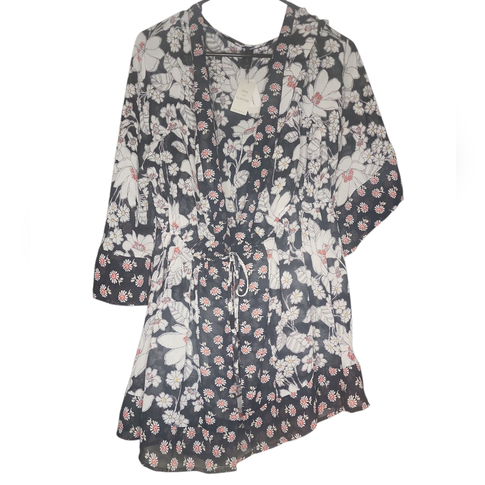Lane Bryant Navy Floral Kimono Cardigan With Waist Drawstring Size 18/20 NWT - Picture 1 of 7